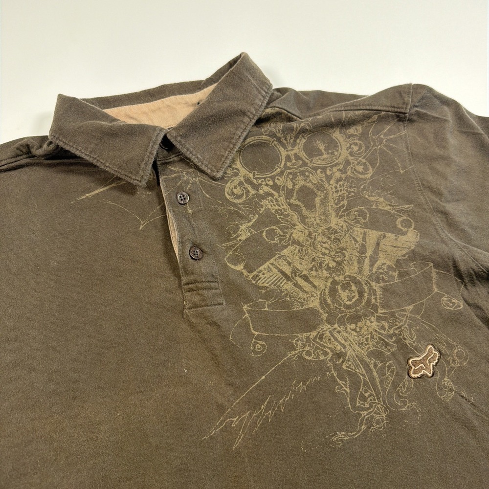 Fox Racing Polo Shirt Mens XL Brown Logo Print Skull Back Hit Fox Riders